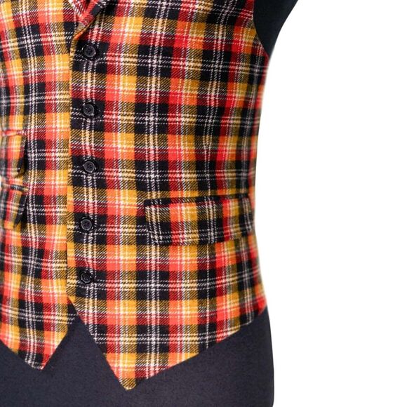 Mens Plaid Vest 40R Orange Yellow Black Wool Waistcoat Wedding Prom Formal Party - Picture 5 of 8
